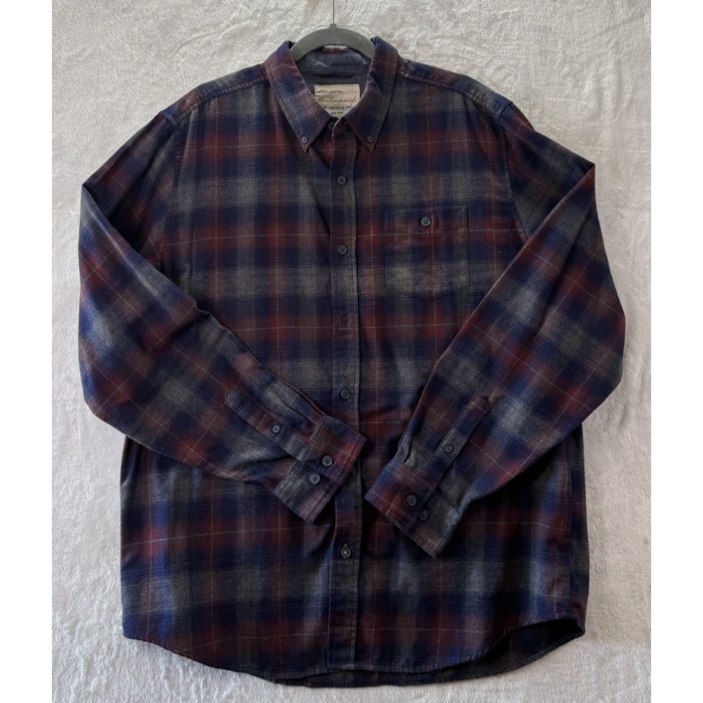 Weatherproof Vintage Mens XL Flannel Shirt Plaid Ombre Red Blue Gray Cotton Bld